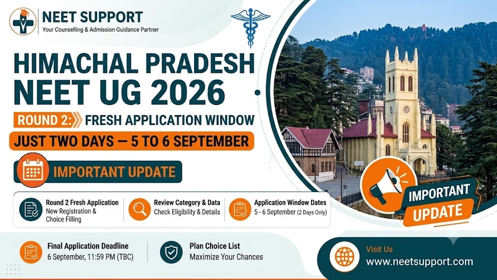 Cover Image for Himachal Pradesh NEET UG 2026 Round 2: Fresh Application Window Is Just Two Days — 5 To 6 September