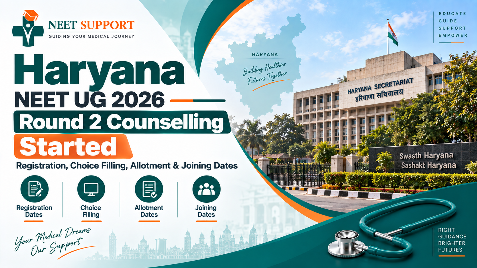 Cover Image for Haryana NEET UG 2026 Round 2 Counselling Started: Registration, Choice Filling, Allotment & Joining Dates