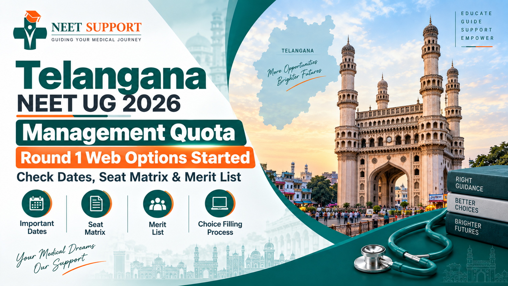 Cover Image for Telangana NEET UG 2026 Management Quota Round 1 Web Options Started: Check Dates, Seat Matrix & Merit List